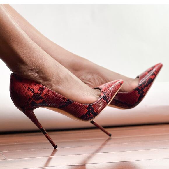 Red Snakeskin Pointed Toe Pumps – Bold 4.75” Heels‎ - Picture 3 of 10